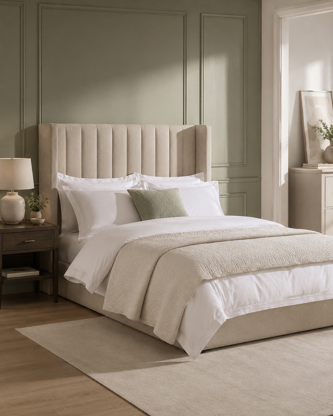 Winged upholstered bed frame