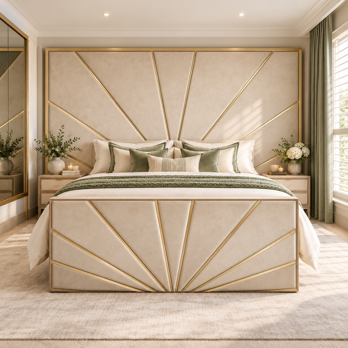 Alba wallboard TV bed with a sunrise pattern of gold strips across the wallboard and footboard