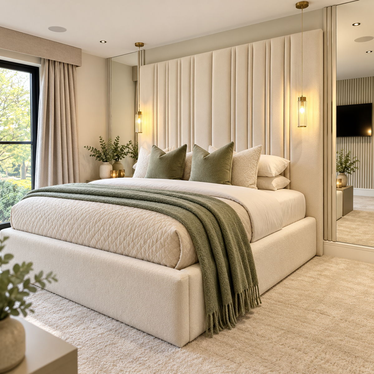Amalfi bed with a tall piped channel wallboard headboard and a deep upholstered base in cream