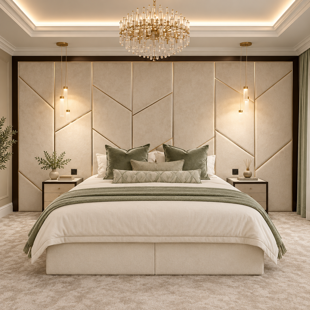 Ankara wallboard bed with a full-width geometric headboard with fine gold inlays and dark side trims