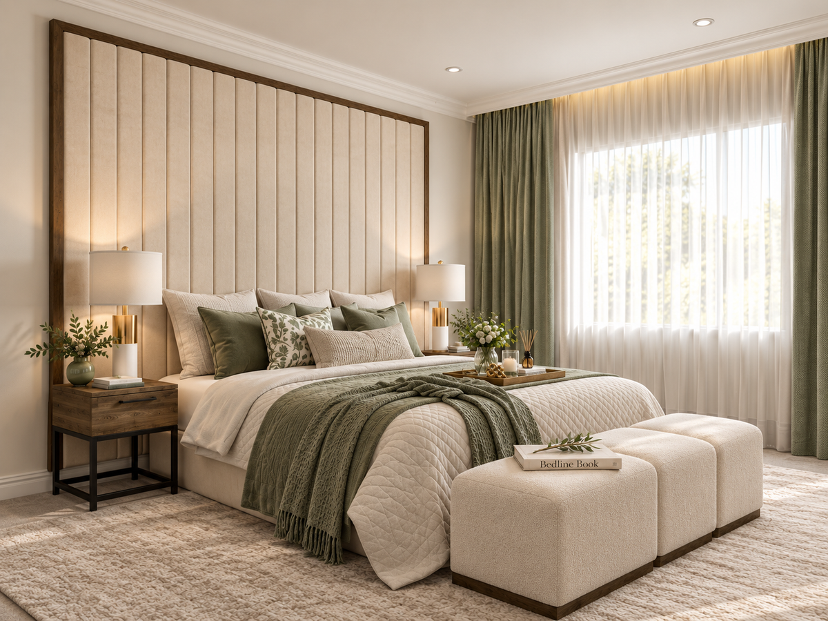 Copake wallboard bed with tall vertical channel panels framed in dark wood
