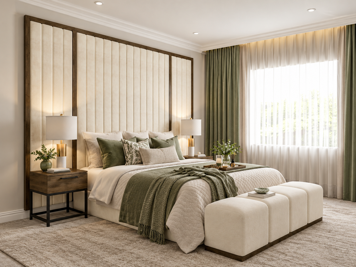 Currier Tropez wallboard bed with vertical channel panels split by dark wood strips