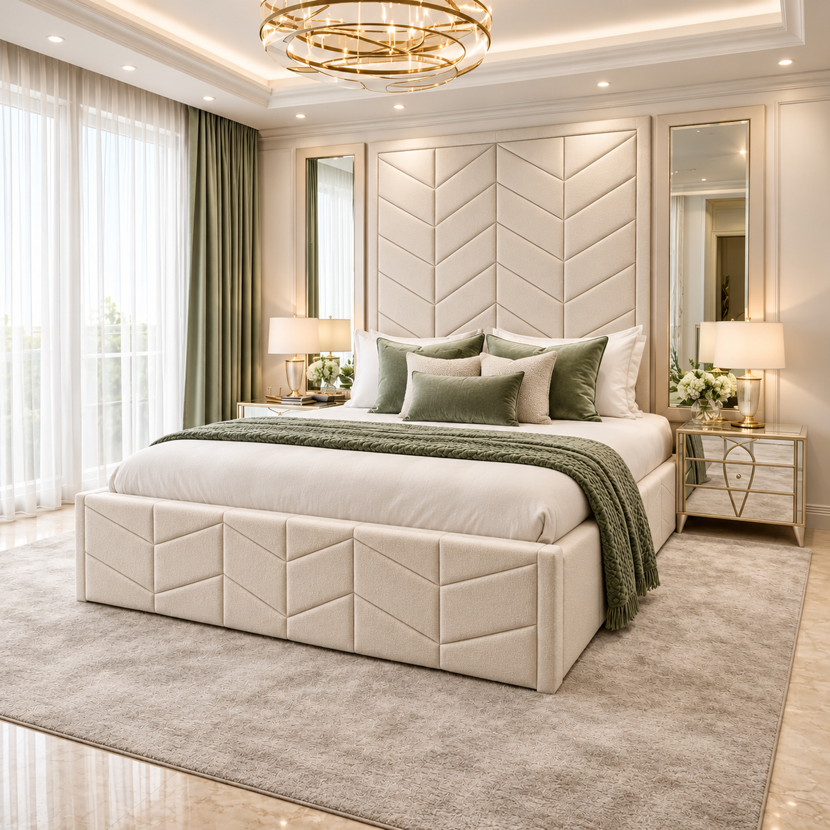Edinburgh bed with a chevron panelled headboard, mirrors either side and a chevron footboard in cream