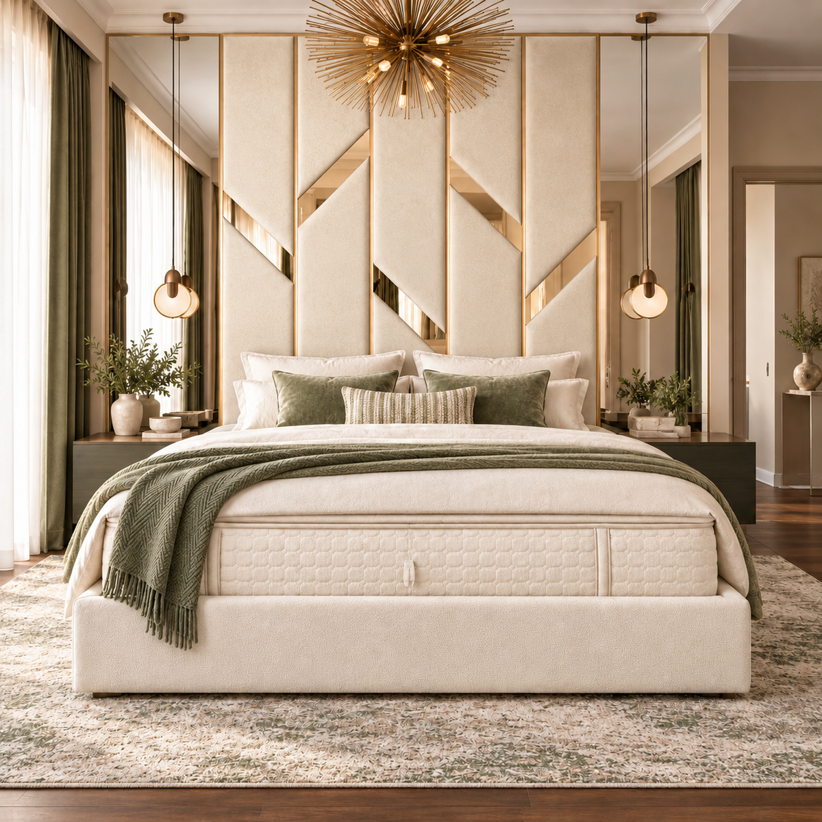 Francesca wallboard bed with a geometric panelled headboard, gold inlays and mirrored side panels in cream