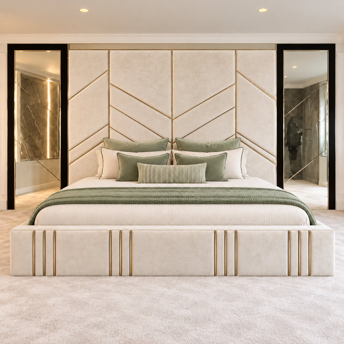 Giovanna wallboard bed with a chevron headboard, mirrors in black metal frames either side and gold strips on the base