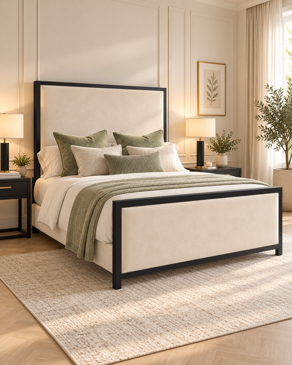 Jordane upholstered bed frame with a matt black metal frame around a cream velvet headboard and footboard