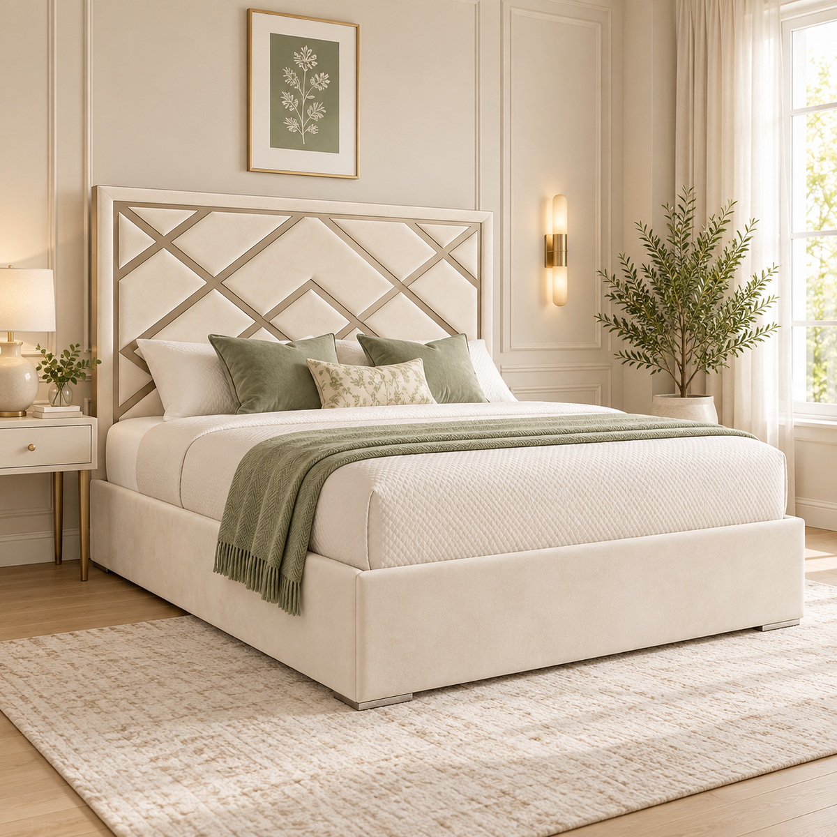 Kira upholstered bed frame with a geometric metal pattern across a cream velvet headboard