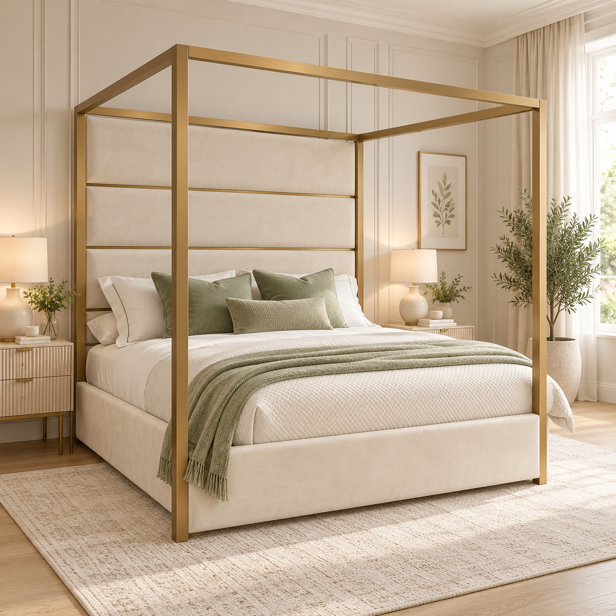 Noblesville four poster bed frame in gold metal with a tall panelled cream velvet headboard