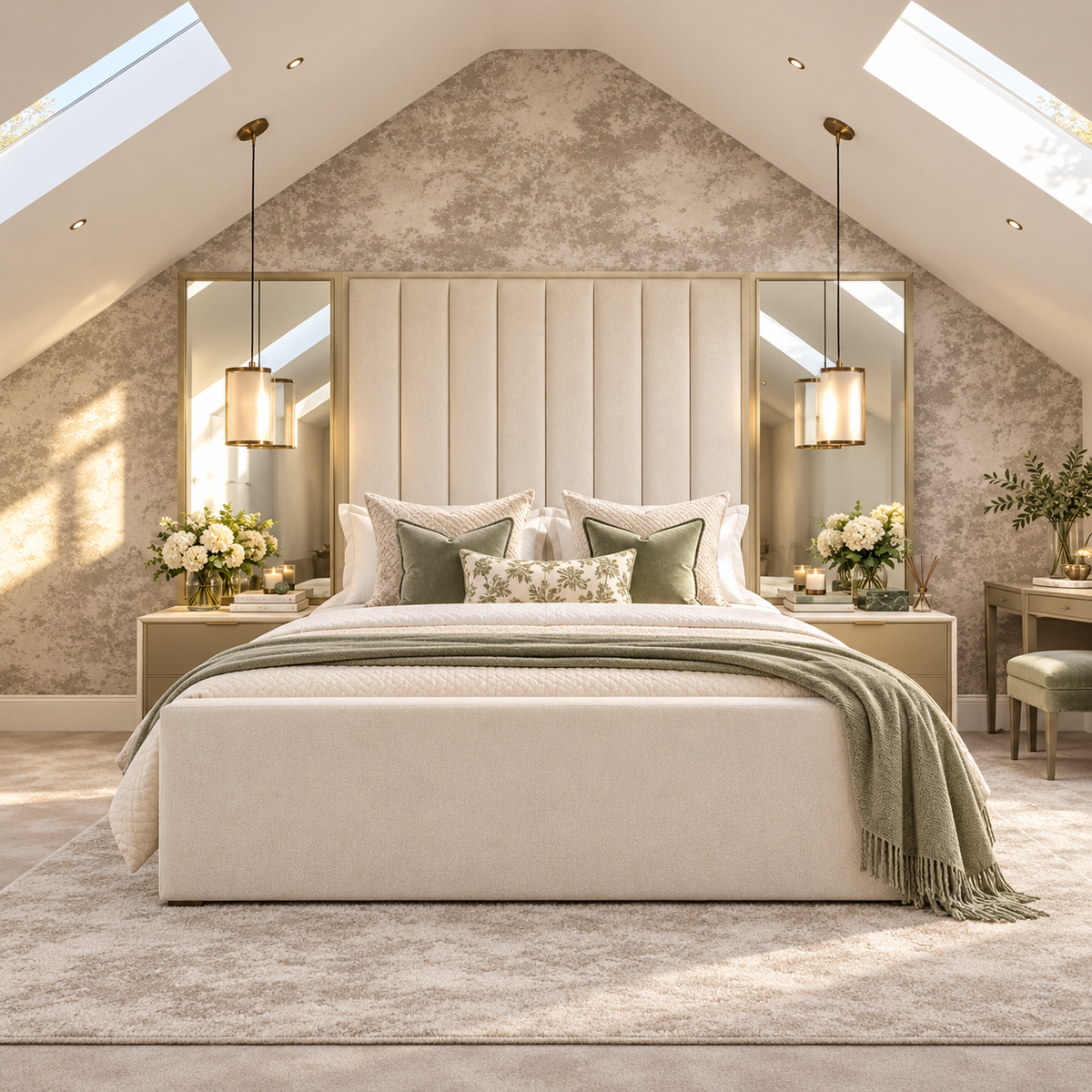 Prague TV bed with a channelled headboard between mirror panels and a tall upholstered TV footboard