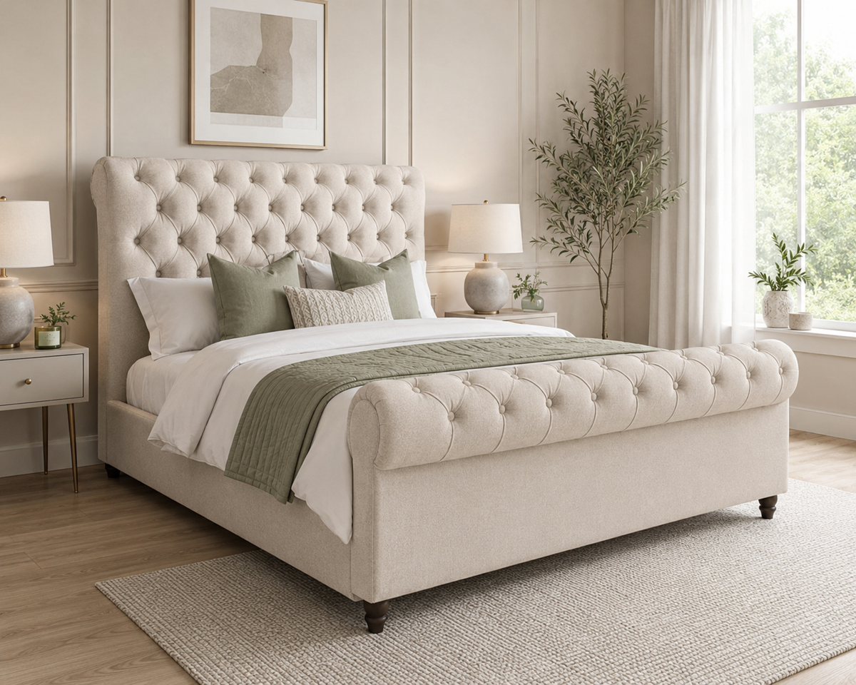 Sanayah Buttoned Sleigh Upholstered Bed Frame